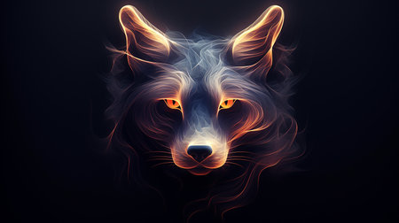 Flaming fox head with smoke on black background. Vector illustration.