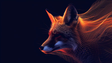 Red fox head with net on dark background. 3D illustrations.の写真素材