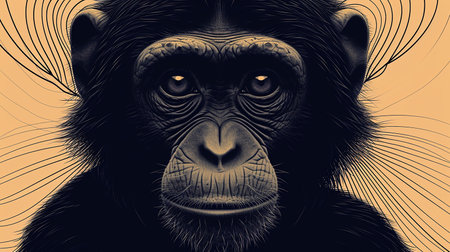 Chimpanzee portrait on orange background. Monochrome illustration.