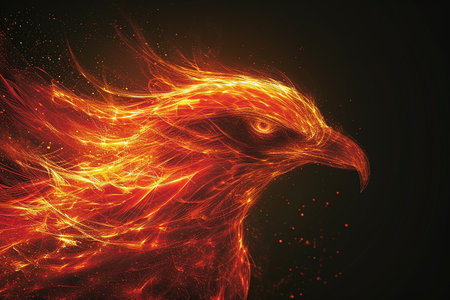 Eagle head with fire flames on dark background. Vector illustration.の写真素材