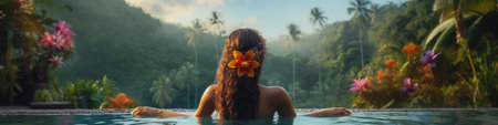 Back view of young woman relaxing in swimming pool at tropical resort. banner