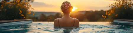 Beautiful woman relaxing in swimming pool at sunset, panoramic banner