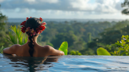 Rear view of beautiful young woman with flowers in her hair relaxing in swimming poolの写真素材