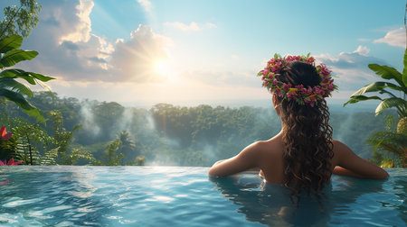 Rear view of young woman with wreath of flowers relaxing in swimming pool at sunsetの写真素材
