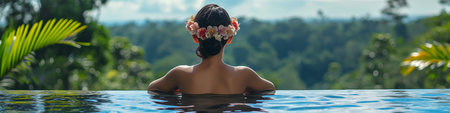 Young beautiful woman relaxing in swimming pool on tropical resort. BANNER, LONG FORMAT