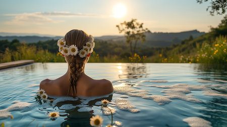 Beautiful young woman relaxing in swimming pool at sunset, back viewの写真素材