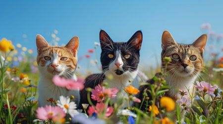 Three cats in a meadow with flowers. Selective focus.