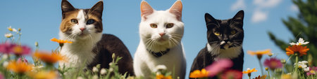 Group of cats with flowers in the meadow. Selective focus.