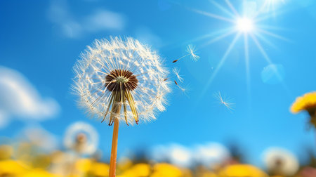 Dandelion flower on the background of the blue sky and sunの写真素材