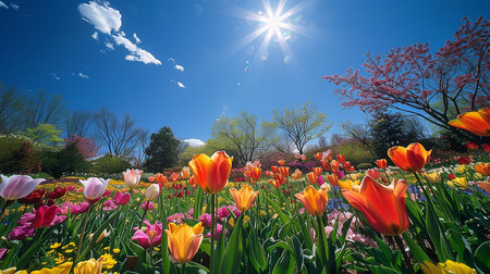 Tulip field with blue sky and sun in spring season.の写真素材