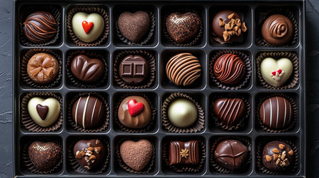 Box of assorted chocolates on a black background. Top view.の写真素材