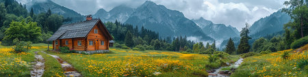 Panoramic view of alpine meadow with blooming yellow flowers and old wooden house in the mountainsの写真素材