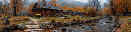 Autumn panorama of the village in the Carpathian Mountains, Ukraineの写真素材