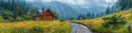 Panoramic view of beautiful alpine meadow with blooming poppies and old wooden house in the mountains.の写真素材