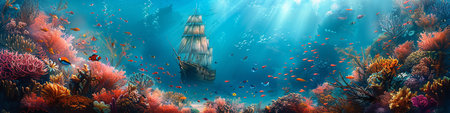 Underwater world. Seascape with coral reef and ship.の写真素材