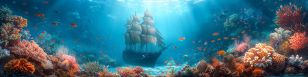 Panorama of the underwater world with a large ship and tropical fishの写真素材