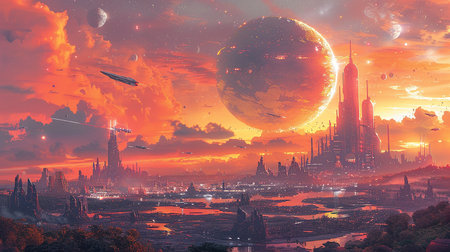 Fantasy landscape with planet and spaceship flying in the sky.の写真素材