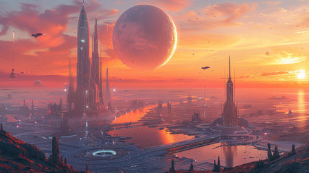 Fantasy alien planet. 3D illustrations. Futuristic city.の写真素材