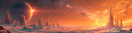 Fantasy alien planet. Mountain and city. 3D illustrations.の写真素材
