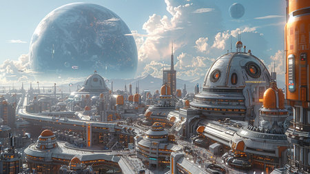 3D render of a futuristic city with space station and planets.の写真素材