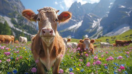 Idyllic summer alpine panorama: Lush green meadows with colorful wildflowers in the foreground. A cow with beautiful eyes and long lashes looks directly into the camera.の写真素材