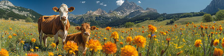 Idyllic summer alpine panorama: Lush green meadows with colorful wildflowers in the foreground. A...