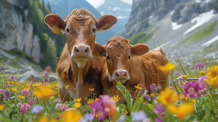 Idyllic summer alpine panorama: Lush green meadows with colorful wildflowers in the foreground. A cow with beautiful eyes and long lashes looks directly into the camera.の写真素材