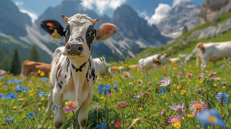 Idyllic summer alpine panorama: Lush green meadows with colorful wildflowers in the foreground. A cow with beautiful eyes and long lashes looks directly into the camera.の写真素材