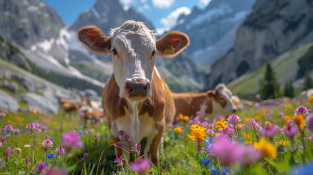 Idyllic summer alpine panorama: Lush green meadows with colorful wildflowers in the foreground. A cow with beautiful eyes and long lashes looks directly into the camera.の写真素材