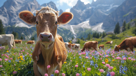 Cows grazing in a meadow in the Dolomites, Italyの写真素材