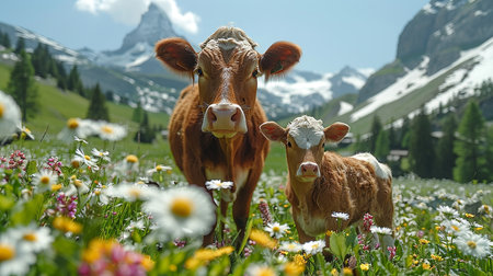 Calf and cow on alpine meadow in summer, Switzerland.の写真素材