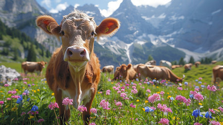 Idyllic summer alpine panorama: Lush green meadows with colorful wildflowers in the foreground. A cow with beautiful eyes and long lashes looks directly into the camera.の写真素材