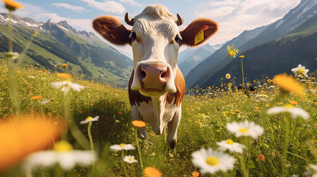 Idyllic summer alpine panorama: Lush green meadows with colorful wildflowers in the foreground. A cow with beautiful eyes and long lashes looks directly into the camera.の写真素材