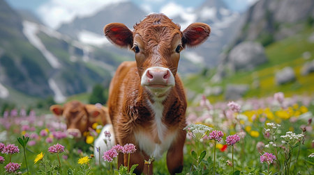 Calf in the meadow with flowers in the Swiss alpsの写真素材