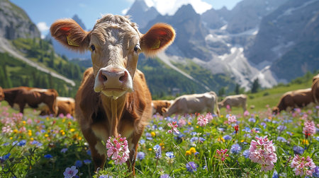 Idyllic summer alpine panorama: Lush green meadows with colorful wildflowers in the foreground. A cow with beautiful eyes and long lashes looks directly into the camera.の写真素材