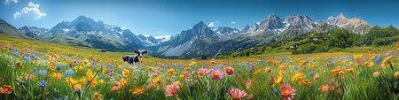 Panoramic view of the alpine meadow with blooming poppies and cows on the background of mountains.の写真素材