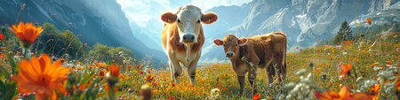 Idyllic summer alpine panorama: Lush green meadows with colorful wildflowers in the foreground. A cow with beautiful eyes and long lashes looks directly into the camera.の写真素材