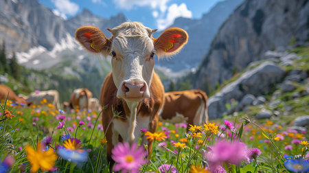 Idyllic summer alpine panorama: Lush green meadows with colorful wildflowers in the foreground. A cow with beautiful eyes and long lashes looks directly into the camera.の写真素材
