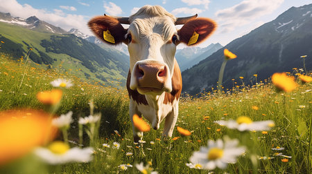 Idyllic summer alpine panorama: Lush green meadows with colorful wildflowers in the foreground. A cow with beautiful eyes and long lashes looks directly into the camera.の写真素材