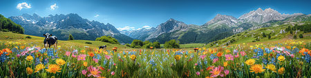 Idyllic summer alpine panorama: Lush green meadows with colorful wildflowers in the foreground. A cow with beautiful eyes and long lashes looks directly into the camera.の写真素材