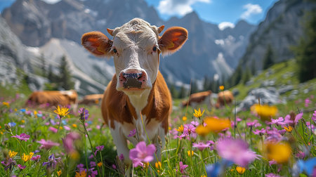 Idyllic summer alpine panorama: Lush green meadows with colorful wildflowers in the foreground. A cow with beautiful eyes and long lashes looks directly into the camera.の写真素材