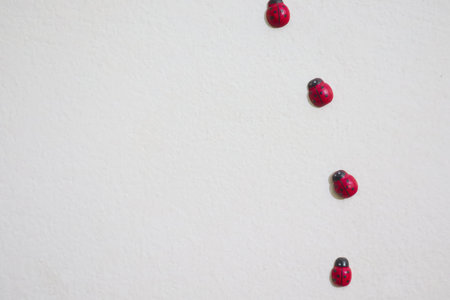 Red ladybugs walking on the wallの写真素材