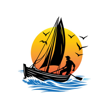 Sailor on a boat silhouette vector artのイラスト素材