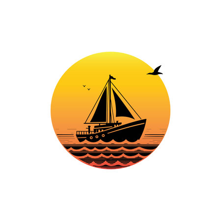 boat and sunset silhouettes on white backgroundのイラスト素材