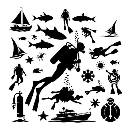 scuba diving silhouettes setのイラスト素材
