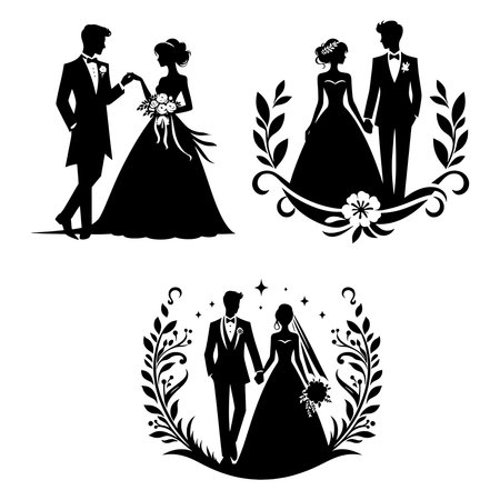 Romantic Black and White Wedding Couple Bride and groom Silhouette set.のイラスト素材