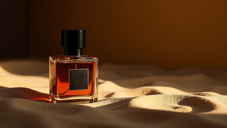 Luxury perfume bottle in golden desert sand aesthetic photography with copy space. Luxury perfume bottle in golden desert sand aesthetic photography with copy space.の素材