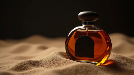 Luxury perfume bottle in golden desert sand aesthetic photography with copy space. Luxury perfume bottle in golden desert sand aesthetic photography with copy space.の素材