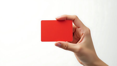 Close-up view of football referee's hand holding red cardの素材