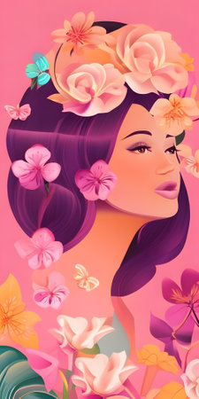 Beautiful girl with flowers and butterflies on a pink background. Vector illustration.の素材
